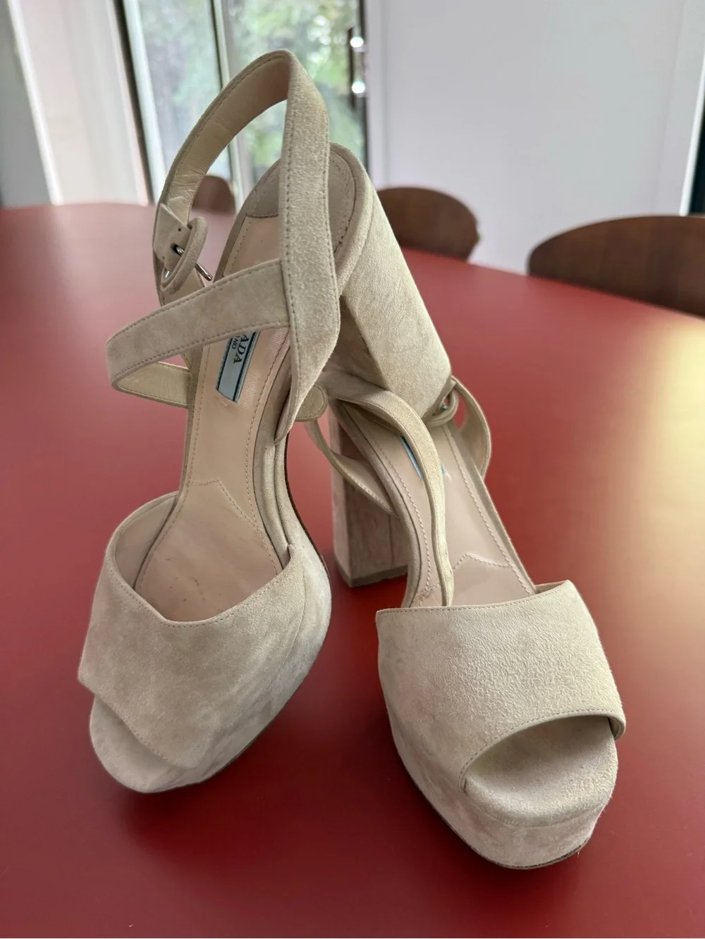 Prada Beige Suede Platform Slingback Heels